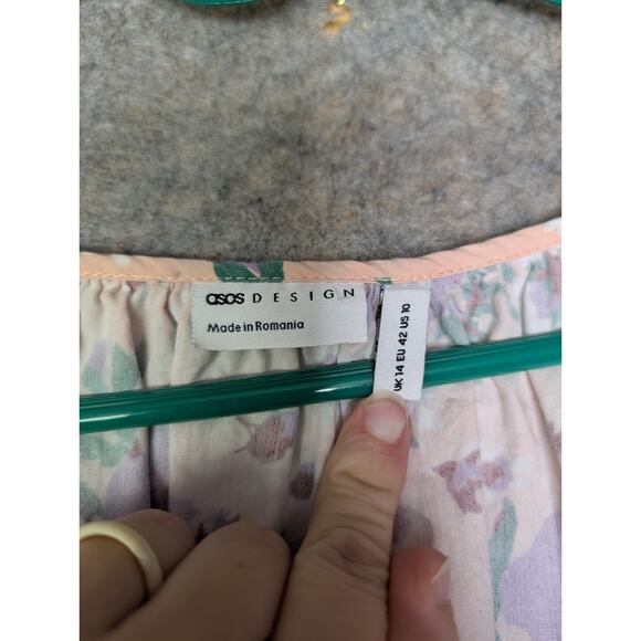 ASOS Design Size 10 Pink Purple Floral Puff Sleeve Midi Wrap Dress 100% Cotton - Picture 4 of 8